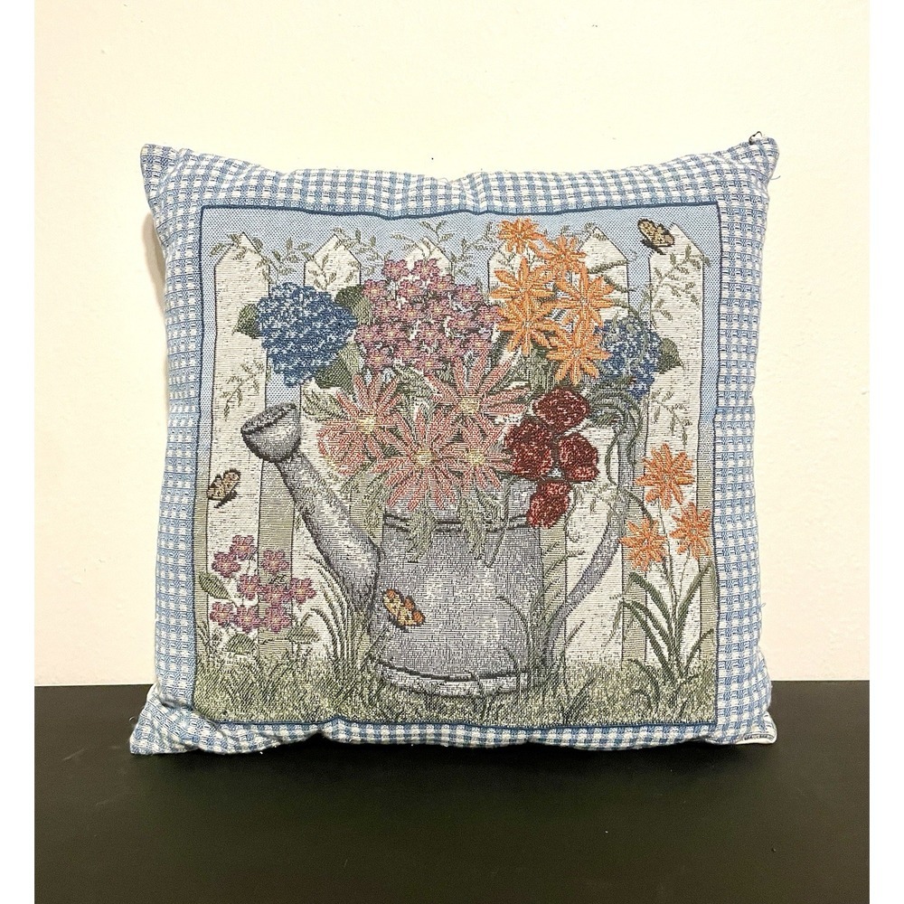 Cottagecore Pillow Blue Border Watering Can Overflowing Wild Flowers Tapestry